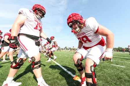BLOOMINGTON, IN - August 04, 2023 - offensive lineman Cooper Jones #77 of the Indiana Hoosiers during Fall Camp at John Mellencamp Pavillion in Bloomington, IN. Photo By \LDM#2\