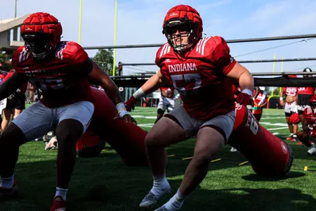 BLOOMINGTON, IN - August 04, 2023 - defensive lineman Julian Kameristy #57 of the Indiana Hoosiers during Fall Camp at John Mellencamp Pavillion in Bloomington, IN. Photo By Andrew Mascharka/Indiana Athletics