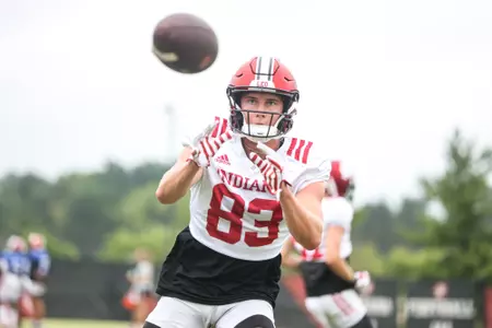 BLOOMINGTON, IN - August 07, 2023 - wide receiver Eli Jochem #83 of the Indiana Hoosiers during Fall Camp at John Mellencamp Pavillion in Bloomington, IN. Photo By Andrew Mascharka/Indiana Athletics