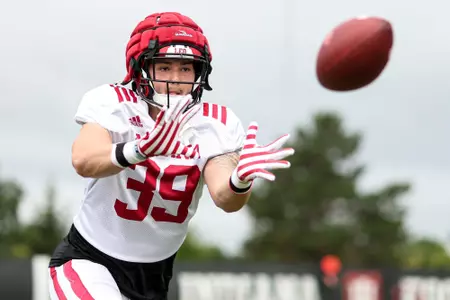 BLOOMINGTON, IN - August 15, 2023 - wide receiver Bryce Hendershot #39 of the Indiana Hoosiers during Fall Camp at John Mellencamp Pavillion in Bloomington, IN. Photo By Andrew Mascharka/Indiana Athletics