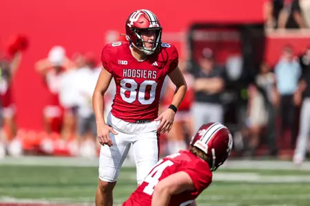 BLOOMINGTON, IN - September 02, 2023 - kicker Chris Freeman #80 of the Indiana Hoosiers during the game between the Ohio State Buckeyes and the Indiana Hoosiers at Memorial Stadium in Bloomington, IN. Photo By Andrew Mascharka/Indiana Athletics