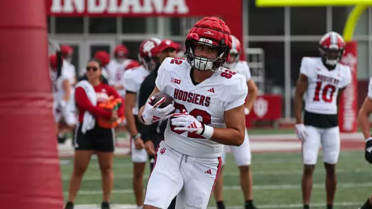 BLOOMINGTON, IN - August 12, 2023 - wide receiver Bradley Archer #82 of the Indiana Hoosiers during fall camp at Memorial Stadium in Bloomington, IN. Photo By Dalton Wainscott/Indiana Athletics