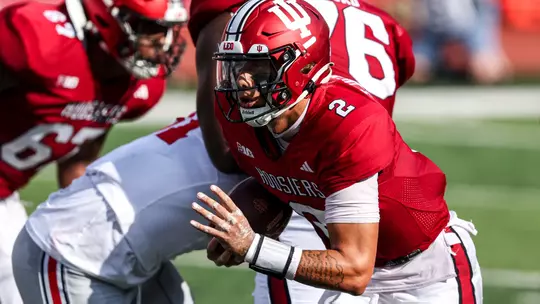 BLOOMINGTON, IN - September 02, 2023 - quarterback Tayven Jackson #2 of the Indiana Hoosiers during the game between the Ohio State Buckeyes and the Indiana Hoosiers at Memorial Stadium in Bloomington, IN. Photo By Andrew Mascharka/Indiana Athletics