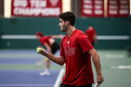 BLOOMINGTON, IN - January 13, 2024 - Sam Landau during the meet between the Dayton Flyers and the Indiana Hoosiers at IU Tennis Center in Bloomington, IN. Photo By Grace Waggoner/IU Athletics