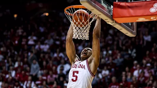 BLOOMINGTON, IN - January 06, 2024 - forward Malik Reneau #5 of the Indiana Hoosiers during the game between the Ohio State Buckeyes and the Indiana Hoosiers at Simon Skjodt Assembly Hall in Bloomington, IN. Photo By Trent Barnhart/Indiana Athletics