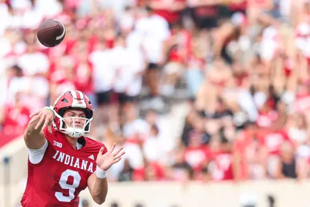 BLOOMINGTON, IN - August 31, 2024 - quarterback Kurtis Rourke #9 of the Indiana Hoosiers during the game between the FIU Panthers and the Indiana Hoosiers at Memorial Stadium in Bloomington, Indiana. Photo By Levi Jones/Indiana Athletics