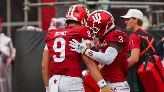 BLOOMINGTON, IN - September 28, 2024 - quarterback Kurtis Rourke #9 of the Indiana Hoosiers and wide receiver Omar Cooper Jr. #3 of the Indiana Hoosiers during the game between the Indiana Hoosiers and the Maryland Terrapins at Memorial Stadium in Bloomington, Indiana. Photo By Dani Meersman/Indiana Athletics