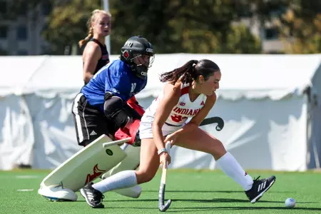 BLOOMINGTON, IN - October 06, 2024 - midfielder Inés Garcia Prado #34 of the Indiana Hoosiers during the game between the Rutgers Scarlet Knights and the Indiana Hoosiers at IU Field Hockey Complex in Bloomington, IN. Photo By Kate Petersen/Indiana Athletics