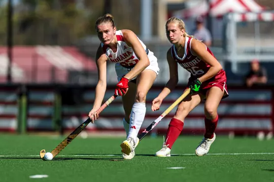 BLOOMINGTON, IN - October 20, 2024 - midfielder Maggie Carter #25 of the Indiana Hoosiers during the game between the Stanford Trees and the Indiana Hoosiers at IU Field Hockey Complex in Bloomington, IN. Photo By Kate Petersen/Indiana Athletics