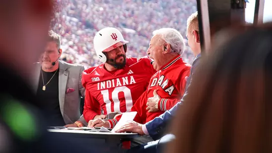 BLOOMINGTON, IN - October 26, 2024 - Lee Corso, Kyle Schwarber, Pat Mcafee and Kirk Herbstreit during the game between the Washington Huskies and the Indiana Hoosiers at Memorial Stadium in Bloomington, IN. Photo By Kaitlyn Grifonetti/Indiana Athletics