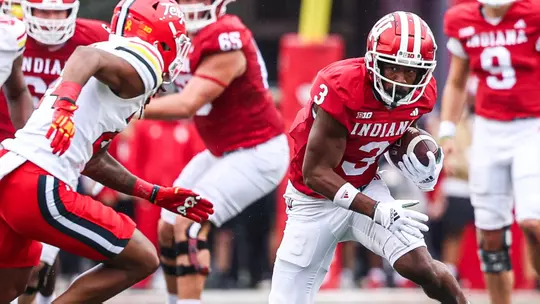 BLOOMINGTON, IN - September 28, 2024 - wide receiver Omar Cooper Jr. #3 of the Indiana Hoosiers during the game between the Indiana Hoosiers and the Maryland Terrapins at Memorial Stadium in Bloomington, Indiana. Photo By Trent Barnhart/Indiana Athletics