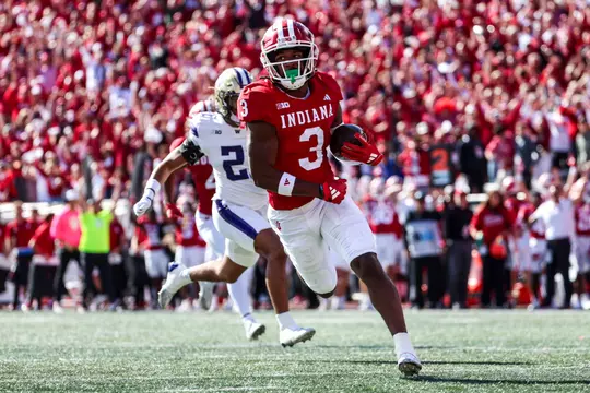 BLOOMINGTON, IN - October 26, 2024 - wide receiver Omar Cooper Jr. #3 of the Indiana Hoosiers during the game between the Washington Huskies and the Indiana Hoosiers at Memorial Stadium in Bloomington, Indiana. Photo By Kate Petersen/Indiana Athletics