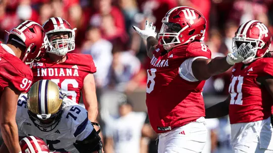 BLOOMINGTON, IN - October 26, 2024 - defensive lineman Chaddrian "CJ" West #8 of the Indiana Hoosiers during the game between the Washington Huskies and the Indiana Hoosiers at Memorial Stadium in Bloomington, Indiana. Photo By Trent Barnhart/Indiana Athletics