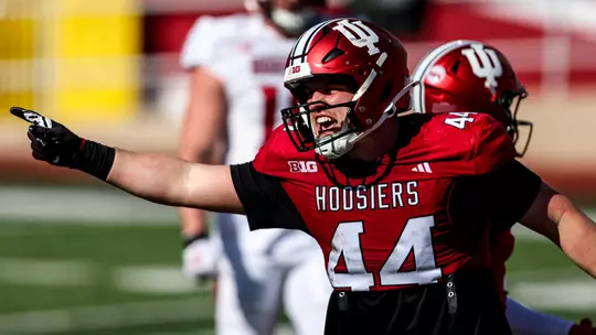 BLOOMINGTON, IN - March 28, 2024 - tight end Zach Horton #44 of the Indiana Hoosiers during spring ball at Memorial Stadium in Bloomington, IN. Photo By Andrew Mascharka/Indiana Athletics