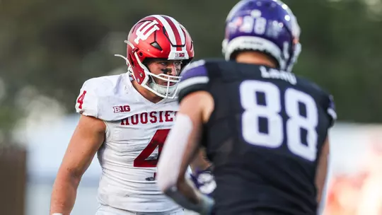 EVANSTON, Ill - October 05, 2024 - linebacker Aiden Fisher #4 of the Indiana Hoosiers during the game between the Indiana Hoosiers and the Northwestern Wildcats at Northwestern Medicine Field at Martin Stadium in Evanston, Illinois. Photo By Trent Barnhart/Indiana Athletics