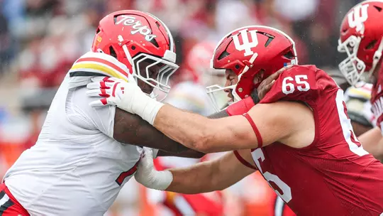BLOOMINGTON, IN - September 28, 2024 - offensive lineman Carter Smith #65 of the Indiana Hoosiers during the game between the Indiana Hoosiers and the Maryland Terrapins at Memorial Stadium in Bloomington, Indiana. Photo By Dani Meersman/Indiana Athletics