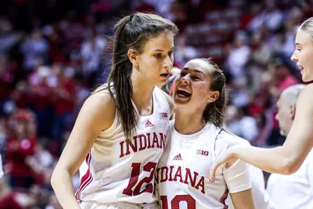 BLOOMINGTON, IN - November 17, 2024 - guard Yarden Garzon #12 of the Indiana Hoosiers and guard Shay Ciezki #10 of the Indiana Hoosiers during the game between the Stanford and the Indiana Hoosiers at Simon Skjodt Assembly Hall in Bloomington, IN. Photo By: Indiana Athletics