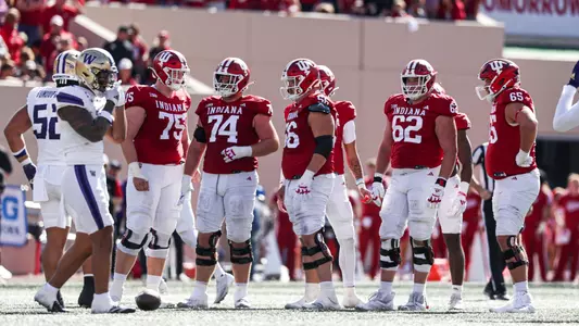 BLOOMINGTON, IN - October 26, 2024 - offensive lineman Trey Wedig #75 of the Indiana Hoosiers, offensive lineman Bray Lynch #74 of the Indiana Hoosiers, offensive lineman Mike Katic #56 of the Indiana Hoosiers, offensive lineman Drew Evans #62 of the Indiana Hoosiers, and offensive lineman Carter Smith #65 of the Indiana Hoosiers during the game between the Washington Huskies and the Indiana Hoosiers at Memorial Stadium in Bloomington, Indiana. Photo By Trent Barnhart/Indiana Athletics
