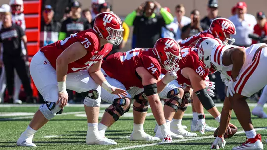 BLOOMINGTON, IN - October 19, 2024 - offensive lineman Trey Wedig #75 of the Indiana Hoosiers and offensive lineman Bray Lynch #74 of the Indiana Hoosiers during the game between the Nebraska Cornhuskers and the Indiana Hoosiers at Memorial Stadium in Bloomington, IN. Photo By Dani Meersman/Indiana Athletics