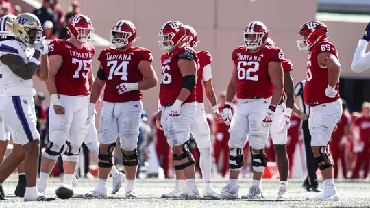 BLOOMINGTON, IN - October 26, 2024 - offensive lineman Trey Wedig #75 of the Indiana Hoosiers, offensive lineman Bray Lynch #74 of the Indiana Hoosiers, offensive lineman Mike Katic #56 of the Indiana Hoosiers, offensive lineman Drew Evans #62 of the Indiana Hoosiers, and offensive lineman Carter Smith #65 of the Indiana Hoosiers during the game between the Washington Huskies and the Indiana Hoosiers at Memorial Stadium in Bloomington, Indiana. Photo By Trent Barnhart/Indiana Athletics