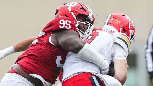 BLOOMINGTON, IN - September 28, 2024 - defensive lineman Tyrique Tucker #95 of the Indiana Hoosiers during the game between the Indiana Hoosiers and the Maryland Terrapins at Memorial Stadium in Bloomington, Indiana. Photo By Trent Barnhart/Indiana Athletics