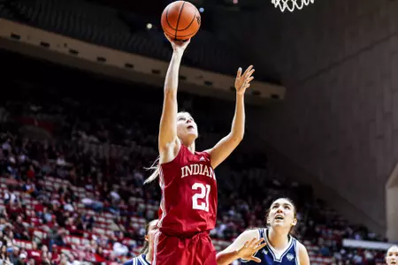 BLOOMINGTON, IN - December 1, 2024 - guard Henna Sandvik #21 of the Indiana Hoosiers during the game between the Maine Black Bears and the Indiana Hoosiers at Simon Skjodt Assembly Hall in Bloomington, IN. Photo By Indiana Athletics