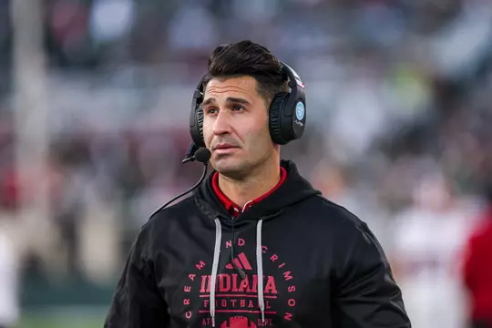 EAST LANSING, MI - November 2, 2024 - Indiana Hoosiers Co-Offensive Coordinator and Quarterbacks Coach Tino Sunseri during the game between the Michigan State Spartans and the Indiana Hoosiers at Spartan Stadium in East Lansing, Michigan. Photo By Dani Meersman/Indiana Athletics