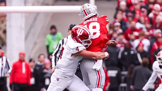 COLUMBUS, OH - November 23, 2024 - linebacker Aiden Fisher #4 of the Indiana Hoosiers during the game between the Ohio State Buckeyes and the Indiana Hoosiers at Ohio Stadium, Columbus, OH. Photo By Maddi Sponsel/Indiana Athletics