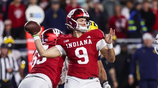 BLOOMINGTON, IN - November 9, 2024 - quarterback Kurtis Rourke #9 of the Indiana Hoosiers during the game between the Michigan Wolverines and the Indiana Hoosiers at Memorial Stadium in Bloomington, Indiana. Photo By Dani Meersman/Indiana Athletics
