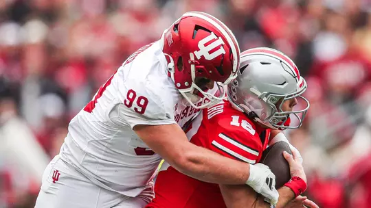 COLUMBUS, OH - November 23, 2024 - defensive lineman James Carpenter #99 of the Indiana Hoosiers during the game between the Ohio State Buckeyes and the Indiana Hoosiers at Ohio Stadium in Columbus, Ohio. Photo By Trent Barnhart/Indiana Athletics
