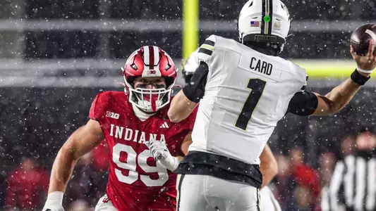 BLOOMINGTON, IN - November 30, 2024 - defensive lineman James Carpenter #99 of the Indiana Hoosiers during the game between the Purdue Boilermakers and the Indiana Hoosiers at Memorial Stadium in Bloomington, IN. Photo By Maddi Sponsel/Indiana Athletics