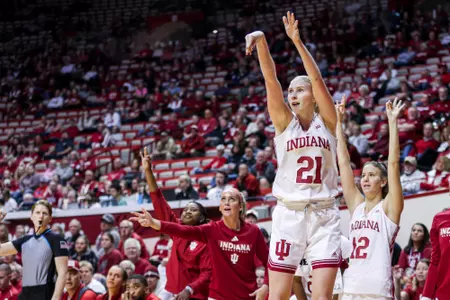 BLOOMINGTON, IN - December 15, 2024 - guard Henna Sandvik #21 of the Indiana Hoosiers during the game between the Bellarmine Knights and the Indiana Hoosiers at Simon Skjodt Assembly Hall in Bloomington, IN. Photo By Indiana Athletics