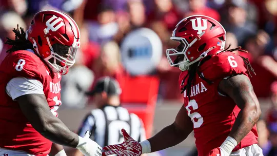 BLOOMINGTON, IN - October 26, 2024 - defensive lineman Chaddrian "CJ" West #8 of the Indiana Hoosiers and defensive lineman Mikail Kamara #6 of the Indiana Hoosiers during the game between the Washington Huskies and the Indiana Hoosiers at Memorial Stadium in Bloomington, Indiana. Photo By Trent Barnhart/Indiana Athletics
