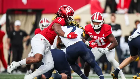 BLOOMINGTON, IN - November 9, 2024 - defensive lineman Mikail Kamara #6 of the Indiana Hoosiers during the game between the Michigan Wolverines and the Indiana Hoosiers at Memorial Stadium in Bloomington, Indiana. Photo By Trent Barnhart/Indiana Athletics