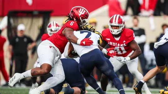 BLOOMINGTON, IN - November 9, 2024 - defensive lineman Mikail Kamara #6 of the Indiana Hoosiers during the game between the Michigan Wolverines and the Indiana Hoosiers at Memorial Stadium in Bloomington, Indiana. Photo By Trent Barnhart/Indiana Athletics