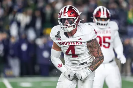 SOUTH BEND, IN - December 20, 2024 - linebacker Aiden Fisher #4 of the Indiana Hoosiers during the College Football Playoff game between the Notre Dame Fighting Irish and the Indiana Hoosiers at Notre Dame Stadium in South Bend, IN. Photo By \202#2\