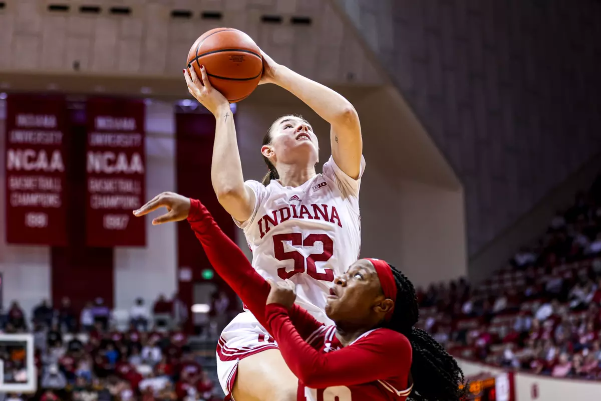 BLOOMINGTON, IN - December 28, 2024 - forward Lilly Meister #52 of the Indiana Hoosiers during the game between the Wisconsin Badgers and the Indiana Hoosiers at Simon Skjodt Assembly Hall in Bloomington, IN. Photo By Indiana Athletics