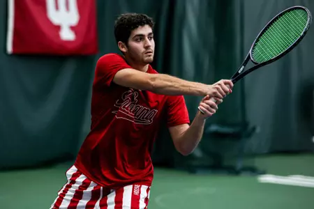 BLOOMINGTON, IN - February 10, 2024 - sophomore Sam Landau of the Indiana Hoosiers during the match between the Brown Bears and the Indiana Hoosiers at IU Tennis Center in Bloomington, IN. Photo By Gretta Cohoon/Indiana Athletics
