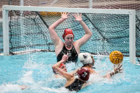 BLOOMINGTON, IN - February 17, 2024 - goalkeeper Jasmine Higgs #1B of the Indiana Hoosiers during the meet between the California Baptist Lancers and the Indiana Hoosiers at Counsilman-Billingsley Aquatics Center in Bloomington, IN. Photo By Andrew Mascharka/Indiana Athletics