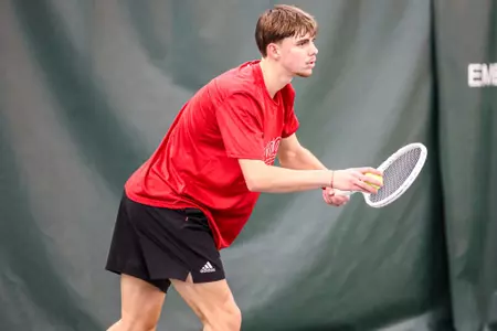 BLOOMINGTON, IN - February 2, 2024 - freshman Nikola Kolyachev of the Indiana Hoosiers during the meet between the Marquette Golden Eagles and the Indiana Hoosiers at IU Tennis Center in Bloomington, IN. Photo By \MRS#2\