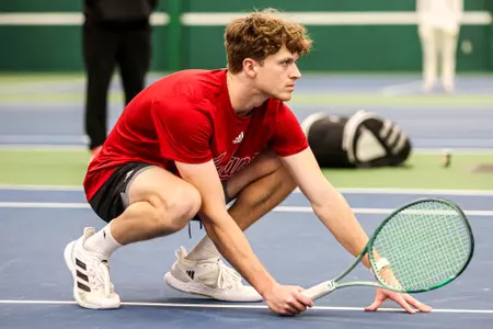 BLOOMINGTON, IN - February 2, 2024 - graduate student Carson Haskins of the Indiana Hoosiers during the meet between the Marquette Golden Eagles and the Indiana Hoosiers at IU Tennis Center in Bloomington, IN. Photo By \MRS#2\