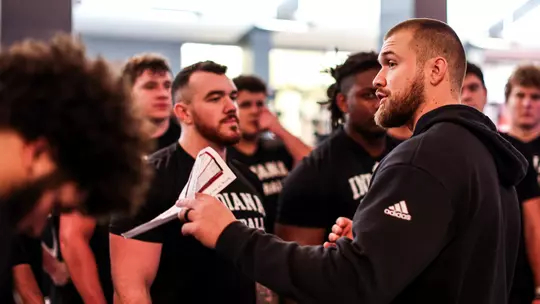 BLOOMINGTON, IN - January 25, 2024 - Indiana Hoosiers Athletic Director for Football Performance Derek Owings during lift at Memorial Stadium in Bloomington, IN. Photo By Trent Barnhart/Indiana Athletics