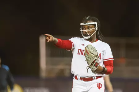 CLEARWATER, FL - February 9th, 2024 - infield\pitcher Brianna Copeland #16 of the Indiana Hoosiers during the game between the Clemson Tigers and the Indiana Hoosiers at the Eddie C. Moore Softball Complex in Clearwater, Florida. Photo By Trent Barnhart/Indiana Athletics