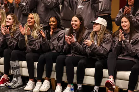 BLOOMINGTON, IN - March 17, 2024 - forward Mackenzie Holmes #54 of the Indiana Hoosiers during the Selection Show at Simon Skjodt Assembly Hall in Bloomington, IN. Photo By Andrew Mascharka/Indiana Athletics