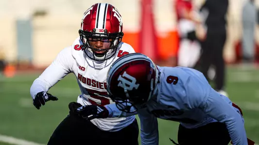 BLOOMINGTON, IN - March 21, 2024 - defensive back Kobee Minor #5 of the Indiana Hoosiers during practice at Memorial Stadium in Bloomington, IN. Photo By Andrew Mascharka/Indiana Athletics