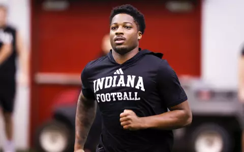 BLOOMINGTON, IN - February 28, 2024 - defensive back Shawn Asbury II #1 of the Indiana Hoosiers during the Team Run at Memorial Stadium in Bloomington, IN. Photo By Andrew Mascharka/Indiana Athletics