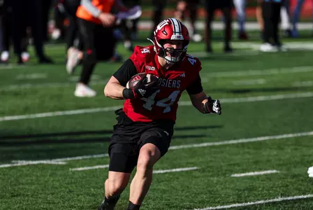 BLOOMINGTON, IN - March 21, 2024 - tight end Zach Horton #44 of the Indiana Hoosiers during practice at Memorial Stadium in Bloomington, IN. Photo By Andrew Mascharka/Indiana Athletics