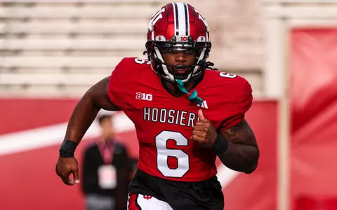 BLOOMINGTON, IN - March 26, 2024 - running back Justice Ellison #6 of the Indiana Hoosiers during practice at Memorial Stadium in Bloomington, IN. Photo By Andrew Mascharka/Indiana Athletics