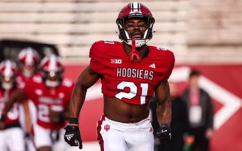 BLOOMINGTON, IN - March 26, 2024 - running back Elijah Green #21 of the Indiana Hoosiers during practice at Memorial Stadium in Bloomington, IN. Photo By Andrew Mascharka/Indiana Athletics