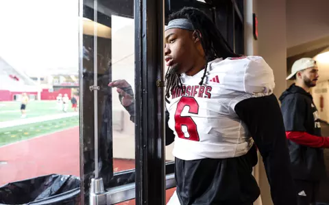 BLOOMINGTON, IN - March 26, 2024 - defensive lineman Mikail Kamara #6 of the Indiana Hoosiers during practice at Memorial Stadium in Bloomington, IN. Photo By Andrew Mascharka/Indiana Athletics